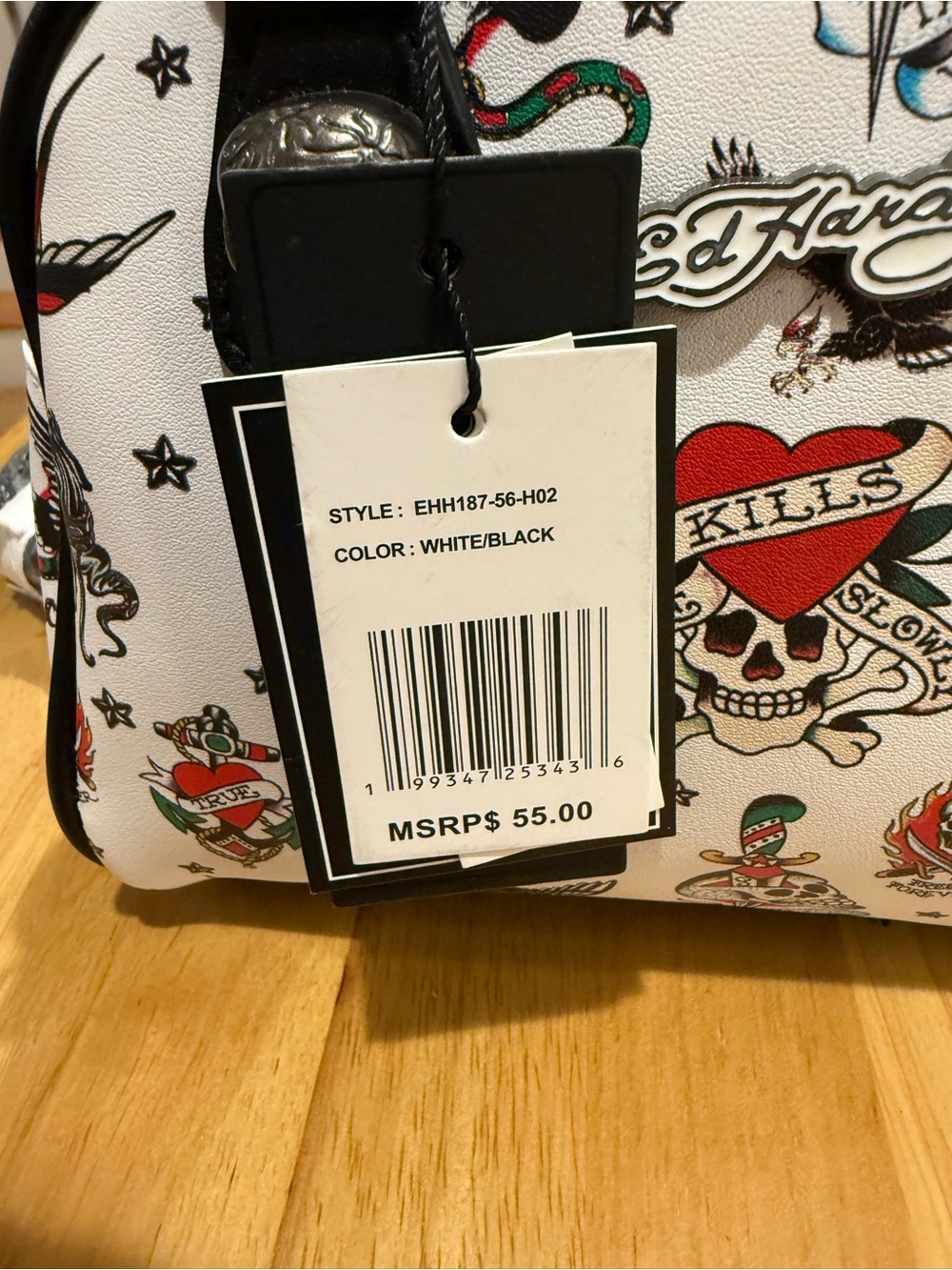 Ed Hardy White Tattoo Print Dome Satchel with Skull Hardware - Picture 13 of 16